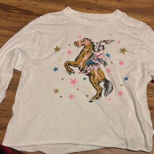 Women's White Long Sleeve Tee with Horse and Stars Graphic